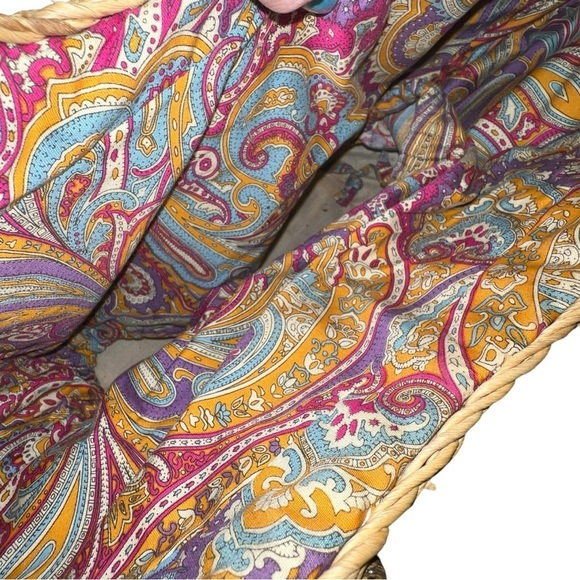 Woven Straw Tan Tote Bag with Paisley Scarf Accent - Picture 3 of 4